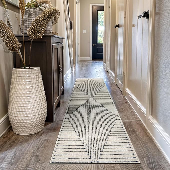 Rugshop Contemporary Bohemian Stripe Runner Rug 2'3" x 12' Cream | Jute Backing, Soft Medium Pile, Stain Resistant, No Shedding, Hallway, Kitchen, Entryway, Foyer, Staircase, Corridor