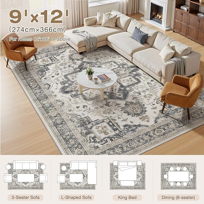 Vintage Washable 9x12 Area Rug for Living Room, Heathered Grey | Soft Low Pile Rug with Non-Slip Backing, Stain Resistant for Bedroom or Dining Room, Kid & Pet Friendly