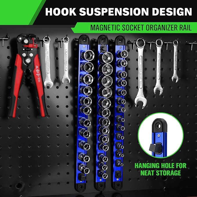 1/2-Inch Magnetic Socket Organizer Rail, Aluminum Alloy Socket Rail, Heavy Duty Sockets Holder with 12 Clips, 360° Swivel Clip Tool Tray, Sockets Organizer for Tool Box Drawer (Blue)