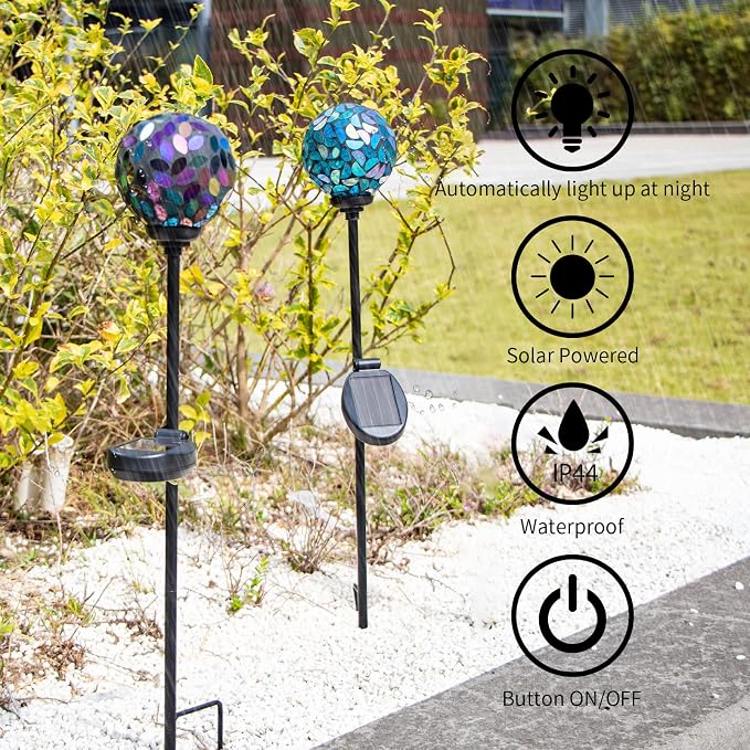 VCUTEKA Decorative Solar Garden Lights, 3.5" Mosaic Globe Stake 2 Pack | Mosaic Glass Design, Solar LED Light, Weather Resistant, Auto On/Off and Metal Stake Design for Lawn and Patio