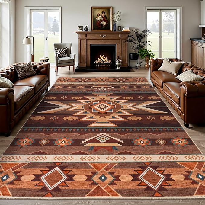 5x7 Western Rustic Aztec Area Rug for Living Room Bedroom Dining Room | 5x7 Southwestern Tribal Red Brown Low Pile Faux Wool Rug, Machine Washable Non-Slip Carpet for Living Room Dining Bedroom
