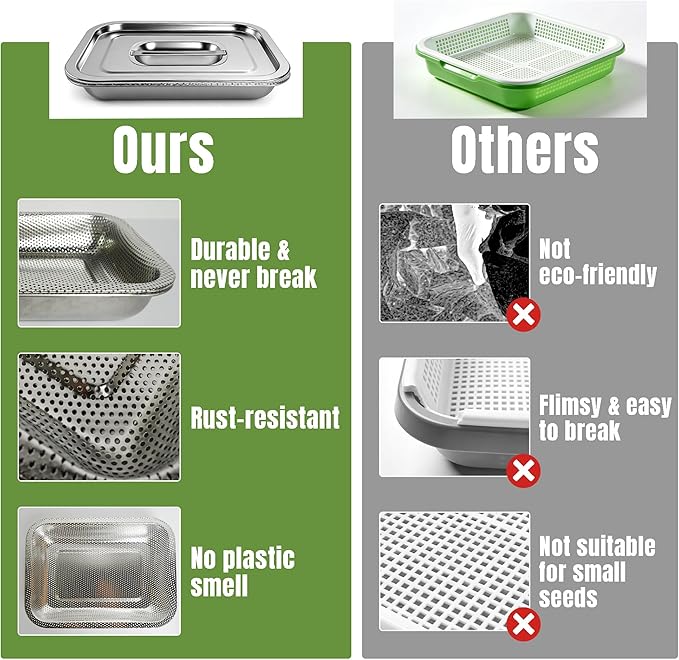 2 Pack Stainless Steel Seed Sprouter Trays, 2-Tier Soil-Free Microgreens Growing Kit, Sprouting Tray with Cover Lids & Mesh Pads for Sprouts Beans Alfalfa Wheatgrass (10.6" * 7.9" * 1.9")