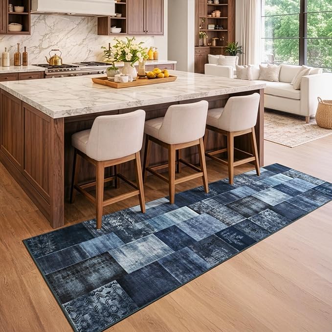 Runner Rug for for Hallways, 2'x6' Washable Kitchen Rugs with Non Slip Rubber Backing, Soft Low Pile Non-Shedding Geometric Carpet for Laundry Bedroom Bathroom, Navy Blue
