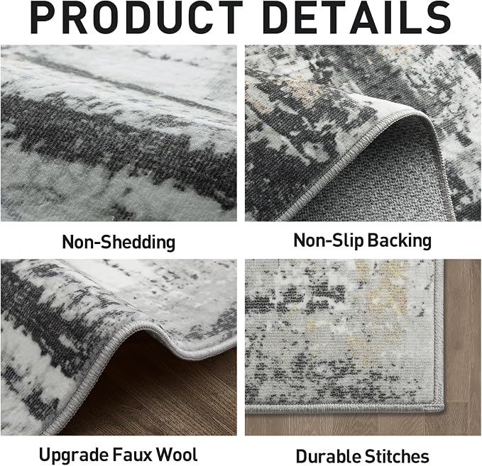 2'6''x8' Runner Rugs Washable Rug: Modern AbstractBlack Grey Gold Carpet | Non-slip TPE backing makes this washable soft low-pile rug safe & durable, Pet-friendly decor for dining room,nursery,office