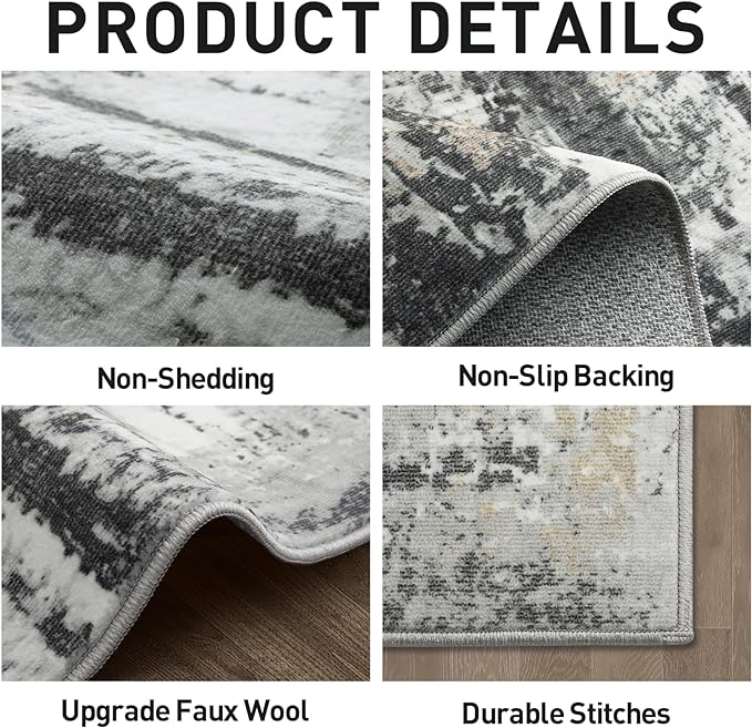 9x12 Area Rugs for Living Room: Washable Abstract Black Grey Gold Carpet | Non-slip TPE backing makes this washable soft low-pile rug safe & durable, Pet-friendly decor for dining room,nursery,office