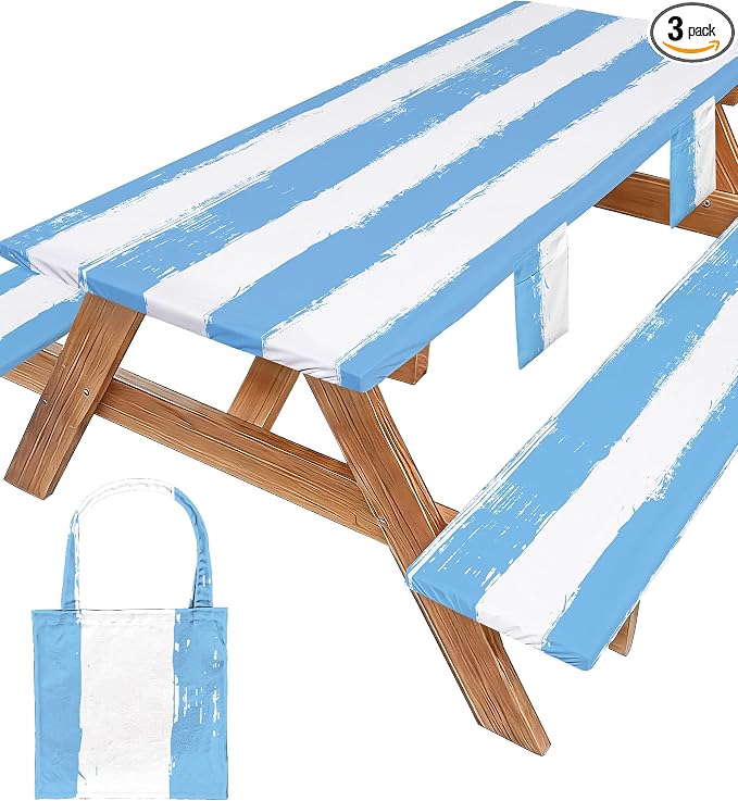 Wrakus Picnic Table Cover with Bench Covers Camping Essentials Waterproof Windproof Patio Outdoor Tablecloth with Storage Bag, Fitted Rectangle Tables and Seats Tablecover for Rv Owner Camper 72in