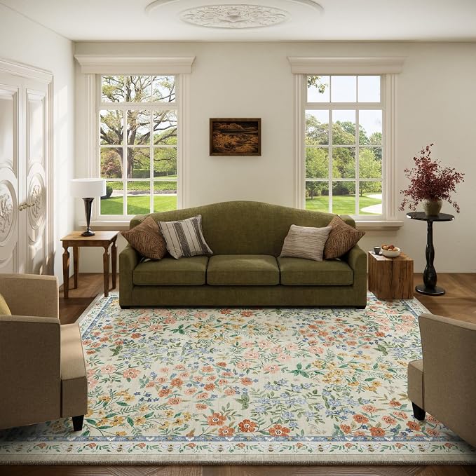 Machine Washable Rugs for Living Room: 5x7 Area Rugs for Bedroom Vintage Stain Resistant Non Slip Low Pile Soft Carpet Rugs for Entryway Kitchen Dining Room Farmhouse Kids Room Nursery