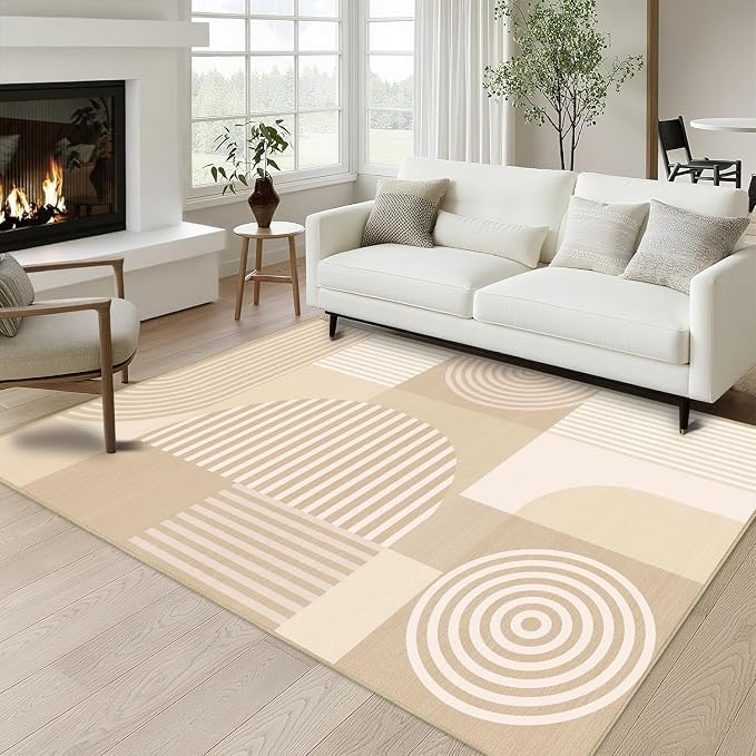 Beige Geometric Rug 3x5 for Bedroom Living Room White Small Area Rug Machine Washable Minimalist Mid Century Modern Rugs Non Slip Low Pile Mat Indoor Floor Carpet for Bathroom Laundry,Beige