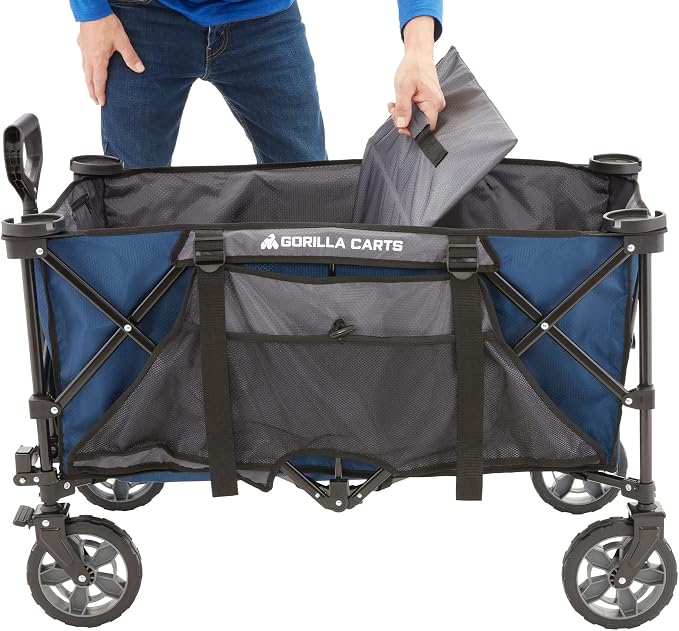 Gorilla Carts Collapsible Folding Outdoor Utility Wagon, 7 Cu Ft Oversized Bed, 150 lb Load Rating, Blue – Foldable Rolling Cart w/ Pockets & Cup Holders for Beach, Camping, Sports or Picnic