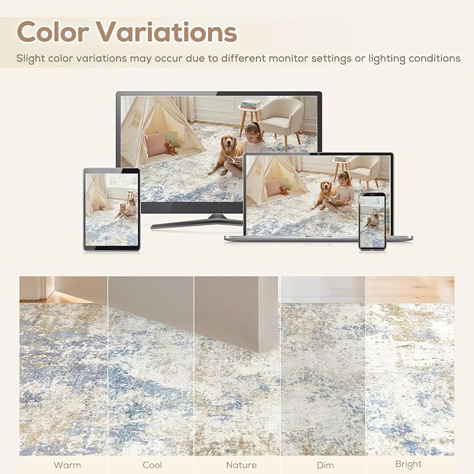Nakagishi 6X9 Abstract Washable Area Rugs for Living Room-Blue Brown | Modern Non-Slip Silicone Backing Low Pile Soft Carpet for Bedroom Dining Decor for Families with Kids and Pets