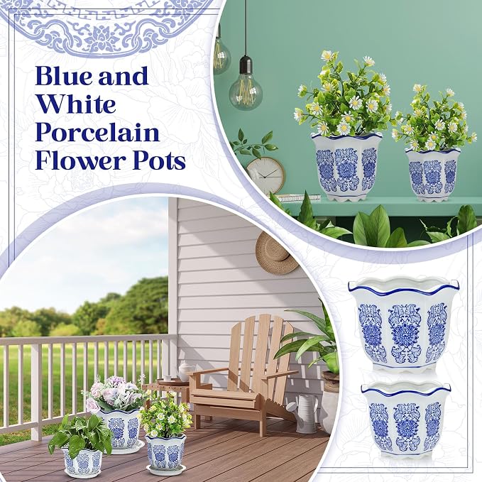 Briwooody Set of 3 Blue and White Porcelain Flower Pots 7.2'' 6'' 4'' Decorative Chinoiserie Plant Pots with Drainage Hole Saucers Ceramic Planters for Indoor Garden(Classic Style)
