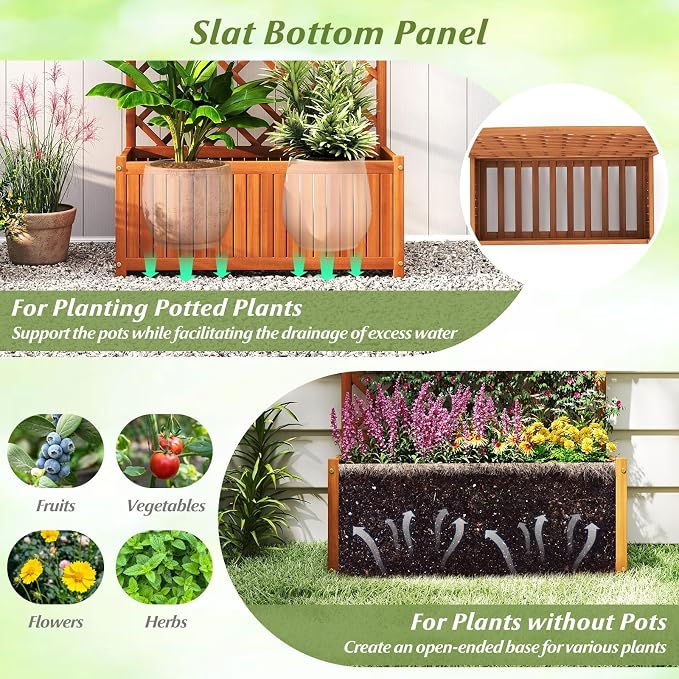 Giantex Solid Acacia Wood Planter Box with Trellis, 63" Set of 2 Raised Garden Bed with Trellis, Plant Box, Slat Base, Outdoor Privacy Planter for Vine Climbing Plants Flowers, Garden, Patio, Balcony