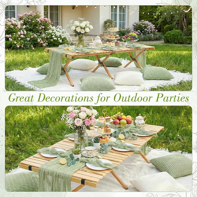 91 x 71 Extra Large Outdoor Boho White Picnic Blanket with Green Table Runner, 6 Napkins and 6 Throw Pillow Covers Table Decor for Beach Picnic Camp Wedding Party Birthday Baby Shower