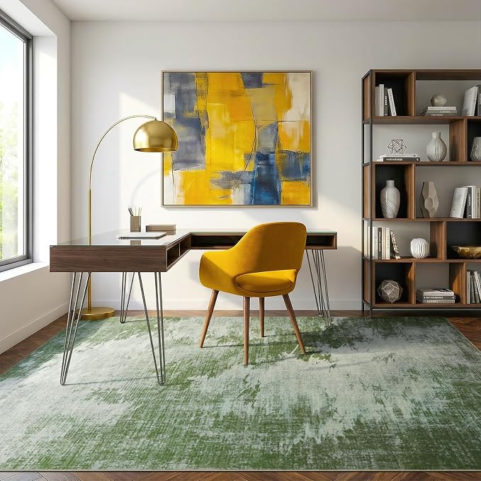 4x6 Abstract Distressed Faux Cashmere Rug for Living Room Low Pile | Machine Washable Throw Rugs, Non-Slip Stain Resistant Forest Floor Carpet for Bedroom, Dorm, Farmhouse Home Decor, Green