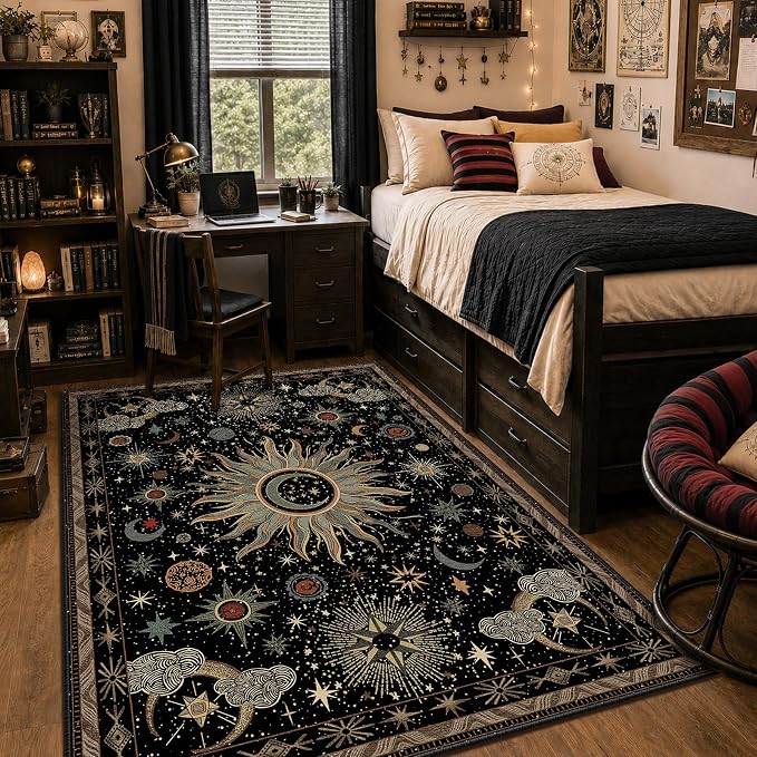 Vacuum-Friendly, 5x7 Washable Area Rug, Black Green Beige | Sun and Moon Boho Gothic Non-Slip Low Pile Living Roon Bedroom Dining Room Kitchen Entry Entryway Entrance Hallway Doormat