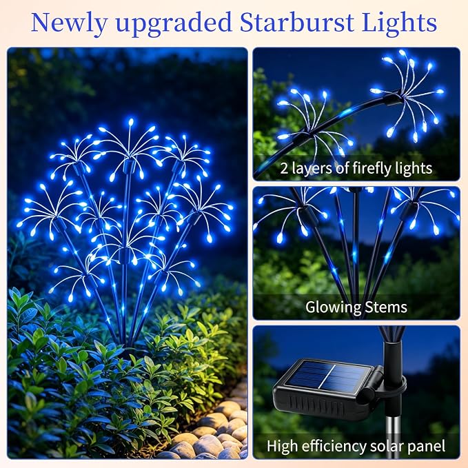 Solar Garden Lights Outdoor, 4 Pack 2-Layer Blue Solar Firework Lights, Waterproof Starburst Fairy Light Garden Decor for Yard Patio Pathway Lawn, Unique Gifts for Women Mom Grandma Mother's Day
