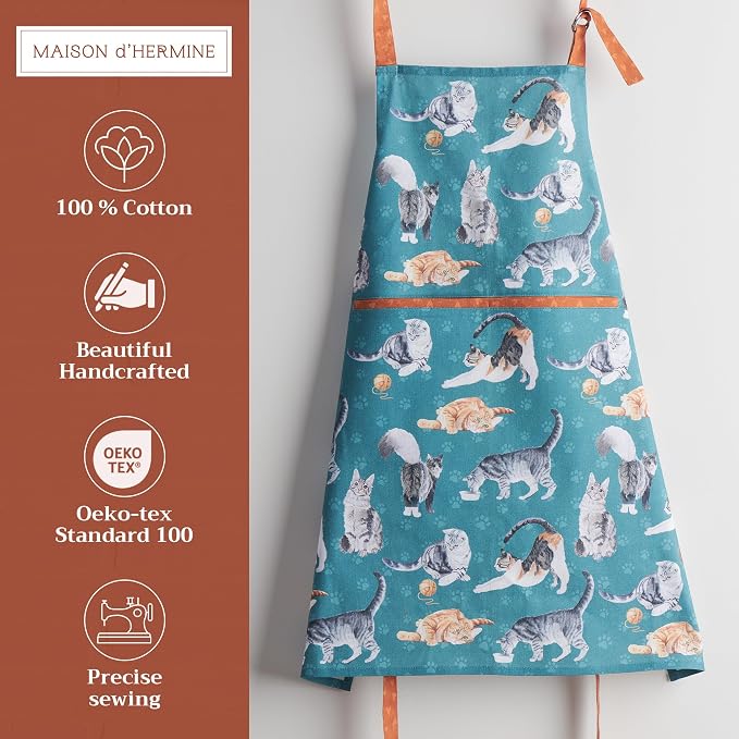Maison d' Hermine Aprons for women with Pocket 100% Cotton (27.50"x31.50") | Adjustable Neck Strap & long ties Apron Men Chef Wedding Cooking Gardening Server Maid