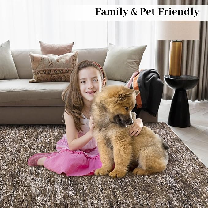 GarveeHome Bedroom Rugs 10x13 Washable Rug for Living Room Modern Solid Color Non Slip Non Shedding Area Rug Stain Resistant Low Pile Foldable Thin Mats for Dining Room, Office, Nursery, Brown