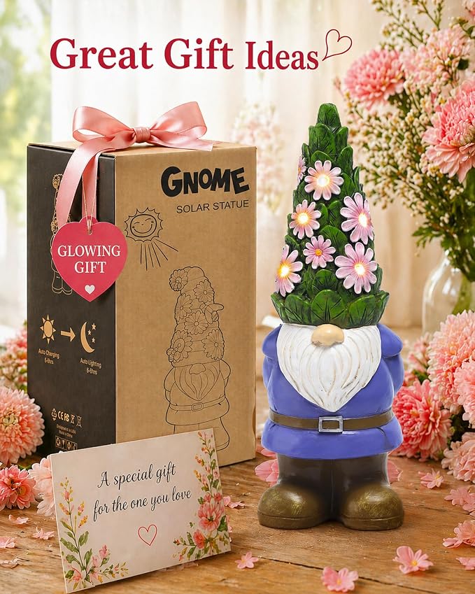 Solar Garden Outdoor Statues Gnome with Succulent | 7 LED Lights, Lawn Decor Statue for Patio, Balcony, Yard Ornament, Gifts for Mom Grandma Women