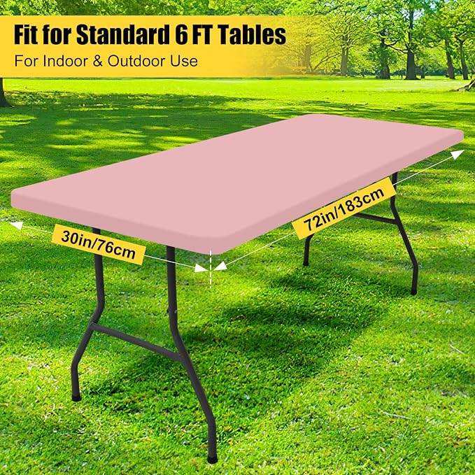 Smiry 6 Pack Rectangle Picnic Table Cloth, Waterproof Elastic Fitted Tablecloths, Washable Polyester Rectangular Patio Table Cover for Camping, Indoor and Outdoor (Baby Pink, 30"x72")