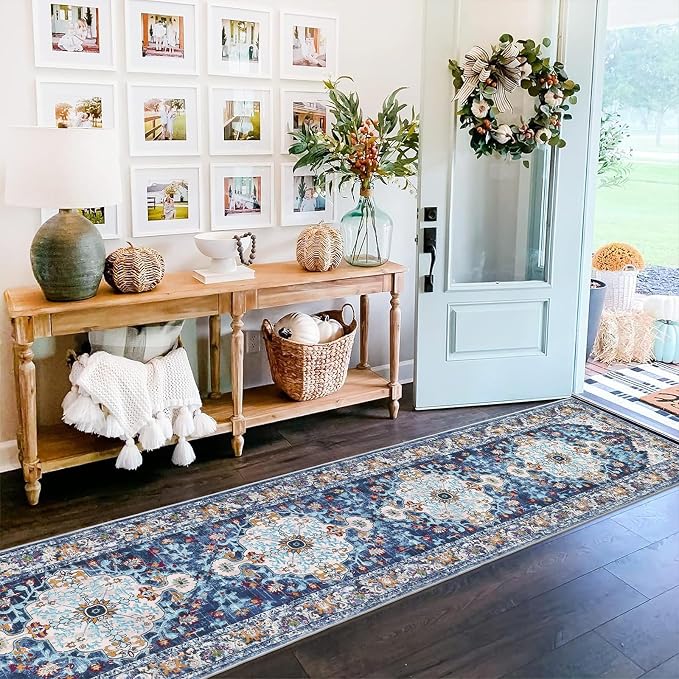 U'Artlines 2'x14' Boho Hallway Runner Rug Non Slip Washable Runners,Blue | Vintage Farmhouse Kitchen Rug Accent Area Carpet for Entryway Laundry and Living Room
