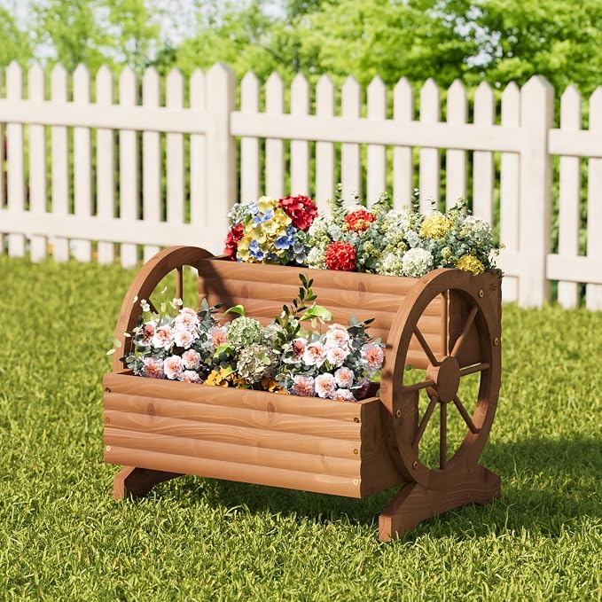 Wooden Wagon Planter with Wheels, Flower Pots, Brown, Large | Outdoor Flower Cart, For Patio Balcony Decoration, Succulent Flower Pot, Indoor Backyard Yard Decor