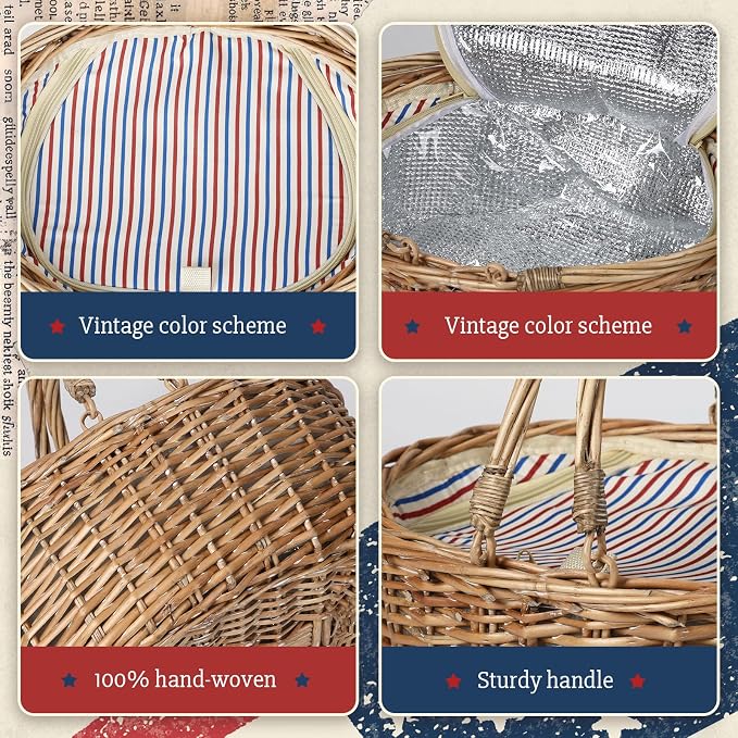 Wicker Picnic Basket with Insulated Lined Bag 15“ x 11” x 7“ Red, White,Blue Star Stripe Pattern, Iced Beer Insulated Bag for Camping, Picnics, Birthday Gifts, Wedding Gifts