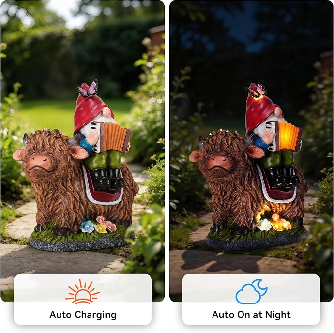 Highland Cow Gnome Statue, Highland Cow Gnomes Garden with LED Lights and Book, Solar Garden Statues for Yard, Patio, Balcony, Lawn Ornaments Figurines Gifts for Women, Mom