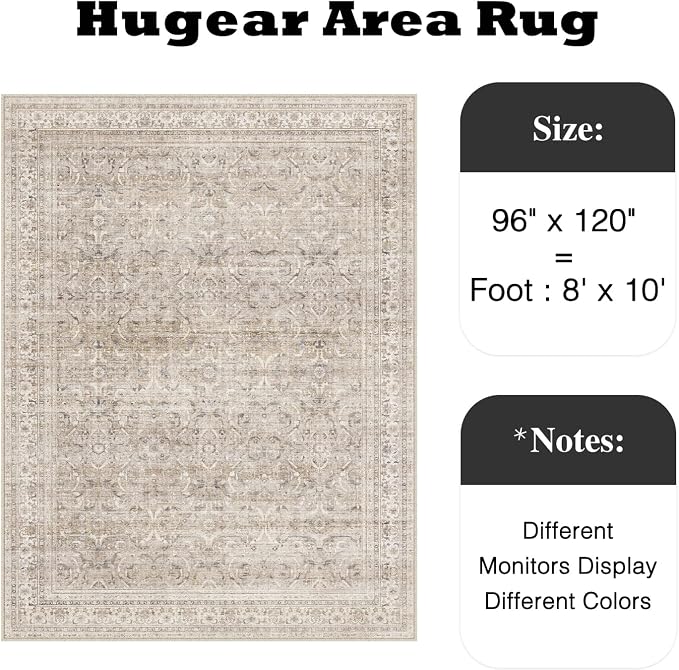 8x10 Beige Vintage Distressed Washable Area Rug for Living Room | Low Pile, Non Slip, Retro Style, Soft Distressed Large Area Rug for Living Room, Bedroom, Dining Room, Office, Home Decor