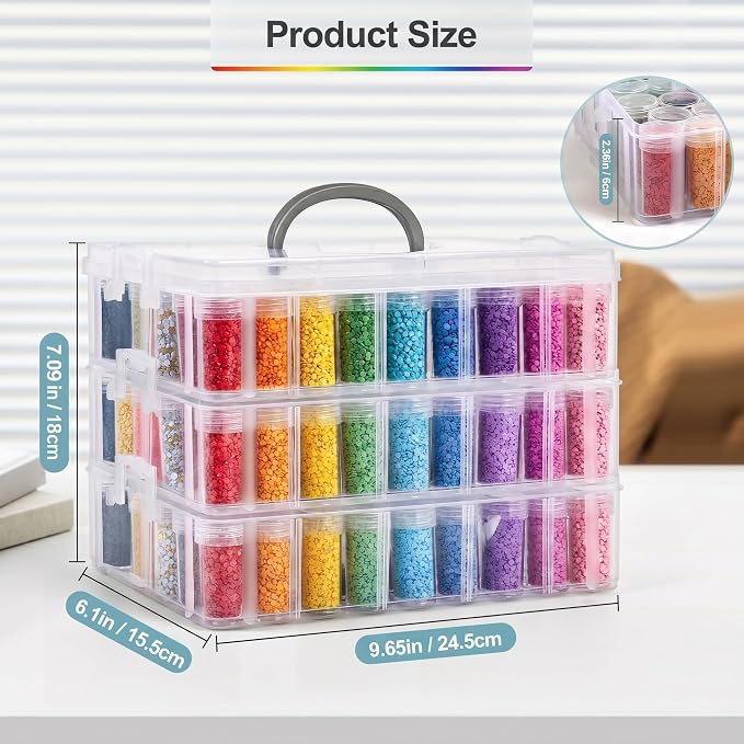 Diamond Painting Storage Container, 3-Tier Bead Organizer Box with 150 Slots, Stackable Crafts Organizers for DIY Diamond Art Craft Jewelry Bead Storage
