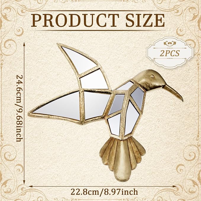 Sliner 2 Pcs Hummingbird Mirror Wall Decor, Gold Resin Aesthetic Bird Wall Art, Vintage Decorative Hanging Glass Mirrors for Victorian Home, Elegant Nature Inspired Summer Wedding Gift