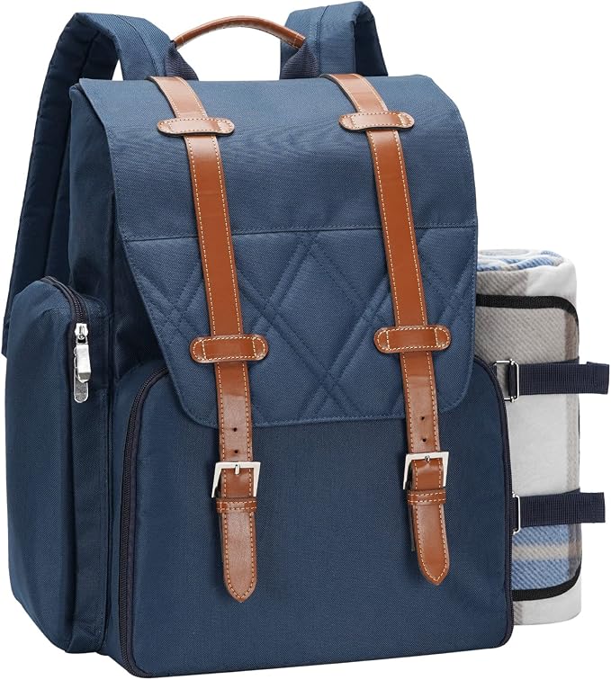 Picnic Backpack for 4 Person with Large Insulated Cooler Bag, Picnic Basket Set with Wine Pouch, Waterproof Picnic Blanket & Cutlery Set. Perfect for, Camping, Party,Wedding Gift for Couple,Blue
