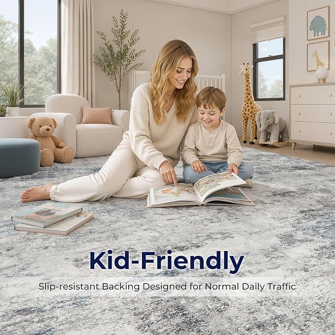 DMOYEST 8x10 Area Rug for Living Room Washable Abstract Indoor Carpet | Neutral Modern Low Pile Rugs Kid & Pet Friendly Large Soft Thin Carpet for Bedroom Dining Room - Grey Blue