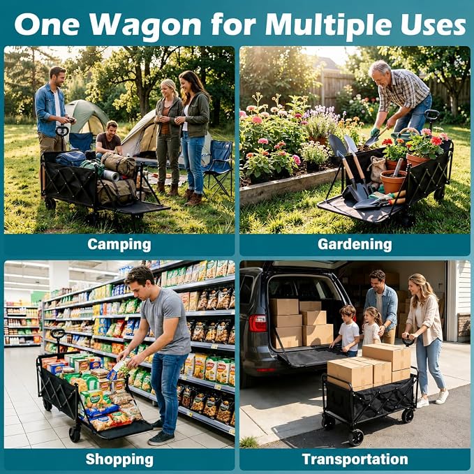 Collapsible Wagon Cart, 300L Folding Wagon with Tailgate & Brakes | extra large wagon cart with rear tailgate, brakes, large all-terrain wheels for camping, groceries, beach, outdoor hauling