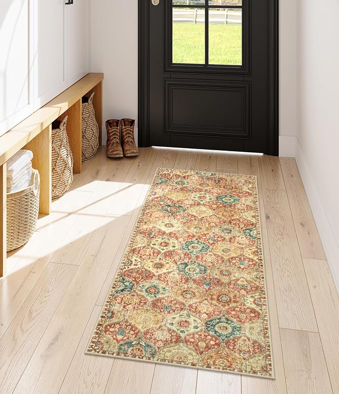 Lahome Moroccan Hallway Rug, 2x5 Washable Kitchen Runner Rug Non Slip | Kitchen Runners for Hallways Trellis Ultra-Thin Vintage Carpet for Bedroom Bathroom Entryway Elise, Red Orange