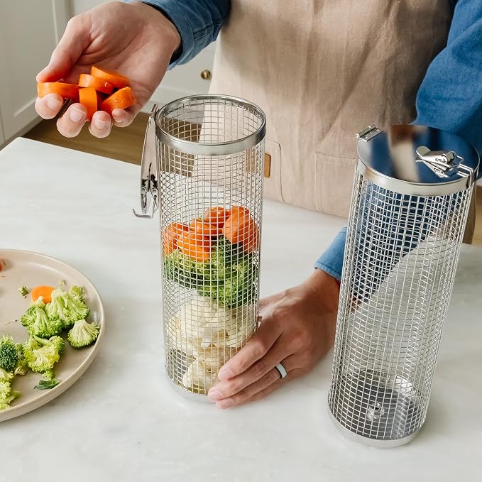 AVIEUS Grill Rolling Grill Basket | Rolling Grilling Baskets for Outdoor Grilling 2 Pcs | Barbecue Grill Set with BBQ Gloves | Portable Camping Net Rack Perfect for Vegetables, Seafood & Meat