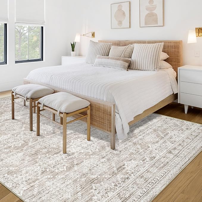 Area Rug for Living Room 6x9: Large Washable Boho Moroccan Rugs Geometric Neutral Rug, Non-Slip Foldable Morden Farmhouse Indoor Floor Carpet for Bedroom Dining Table Home(Ivory Mocha,6'x9')