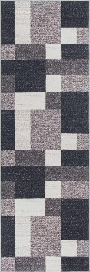 Rugshop Modern Boxes Non-Slip Living Room Runner Rug Gray 2'7" x 12' | Runner, Size 2'7" x 12', Bedroom, Dining Room, Home Office, Kitchen, Entryway, Hallway, Nursery, Kids Room, Guest Room