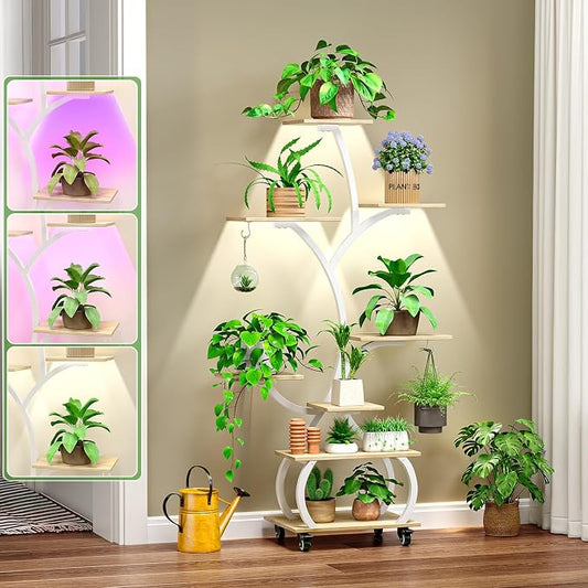 VINGLI Plant Stand Indoor with Grow Lights, 48" Small Space Plant Stand, 8-Tier Mobile Plant Shelf, Lighted Display Rack for Apartment, Living Room & Balcony, White and Oak