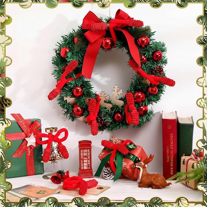 Jutom 16 Pcs 20 Inches Christmas Velvet Garland Ties Decorative Banister Twist Ties Reusable and Flexible for Xmas Light Banisters Home Stairways Railings Decoration(Red)
