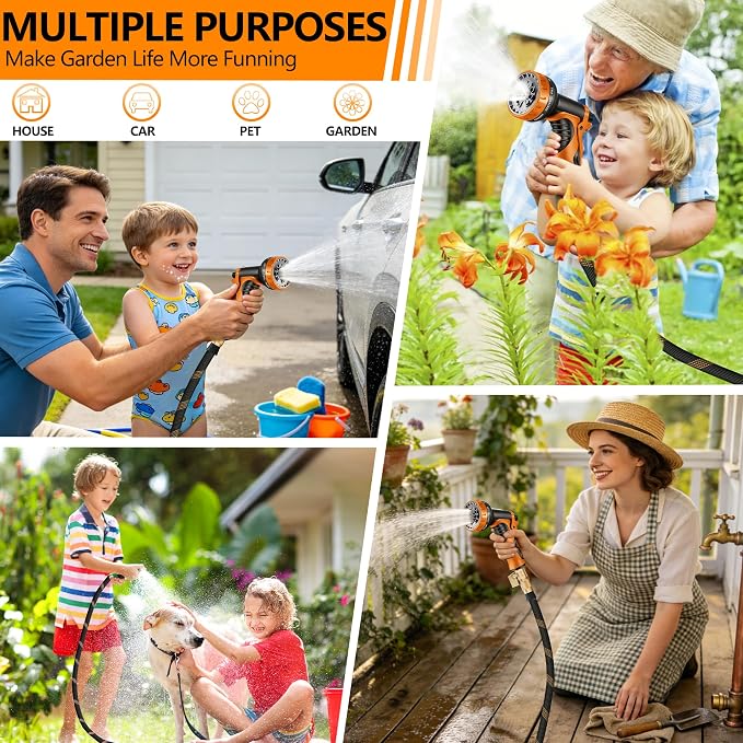 Flexible Garden Hose 25 FT, Ultra Lightweight Water Hoses w/10 Function Sprayer and 3/4" Brass Fittings, Kink-Free, Sturdy, Abrasion Resistant for Yard, Lawn, Outdoor and Gardening(Black Orange)