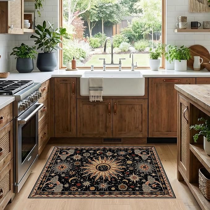 Vacuum-Friendly, 2x3 Washable Area Rug, Black Gold Beige Red | Sun and Moon Boho Gothic Non-Slip Low Pile Living Roon Bedroom Dining Room Kitchen Entry Entryway Entrance Hallway Doormat