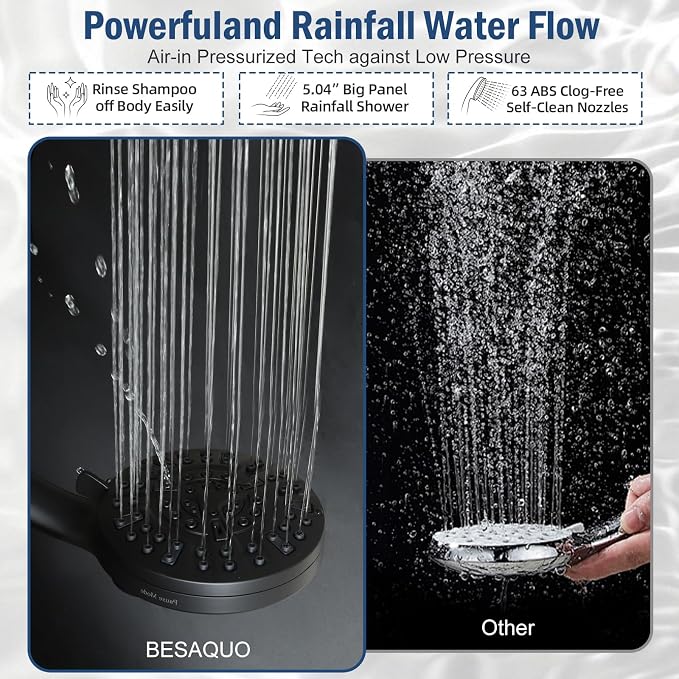 BESAQUO Shower Head, 9 Settings High Pressure shower head with handheld, Built-in Pause Mode & Power Wash, Non-Clogging Nozzles, 6ft Hose,Bracket(Matte Black, Magnetic 9 Settings)