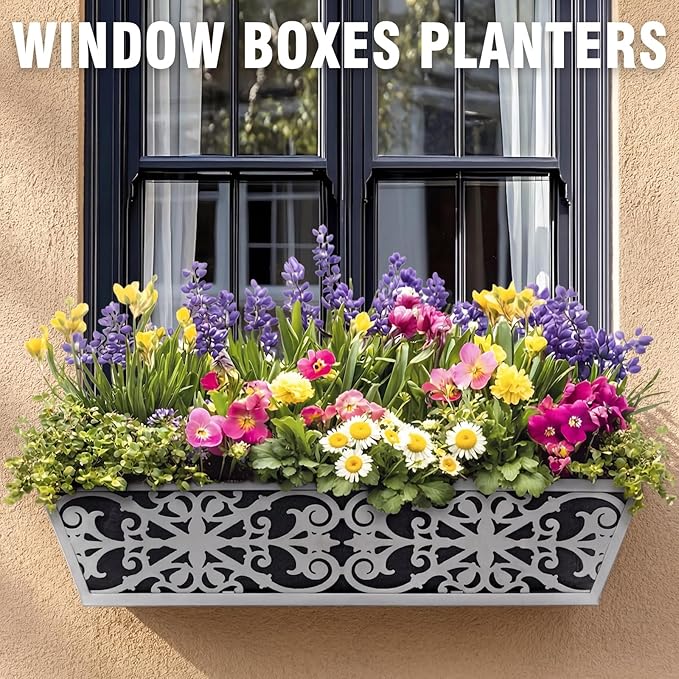 6 Pack 24 Inch Window Boxes Planter for Outdoor Plants Deck Railing Planters Box with Adjustable Brackets for Porch Fence Balcony Hanging Flower Baskets with Non-Woven Fabric Liner for Garden Decor