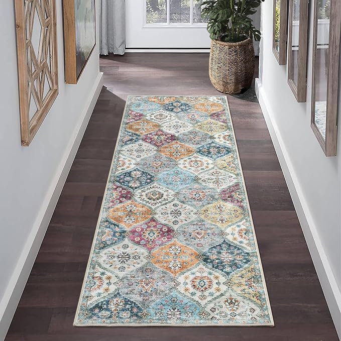ROYHOME Runner Rug 2x10 Washable Moroccan Trellis Hallway Runner Rug | Stain Resistant Non-Slip Floor Cover Vintage Distressed Entrance Carpet for Laundry Kitchen Entryway Bedroom, Purple/Grey