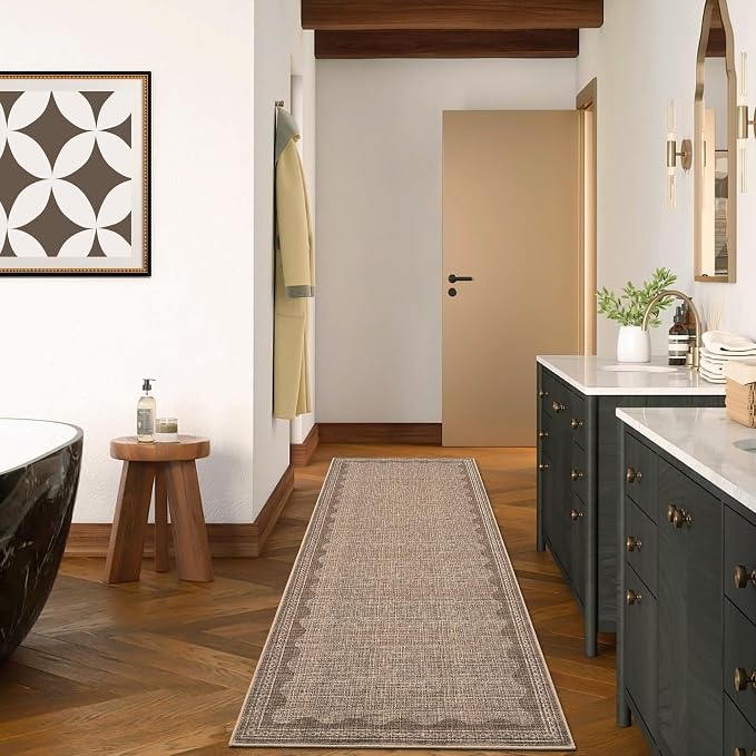GarveeHome 2x10 Runner Rug for Hallway Washable Kitchen Rugs Non Slip Solid Coffee Modern Minimalism Soft Low-Pile Scalloped Indoor Carpet for Entryway Laundry Room Floor Mats
