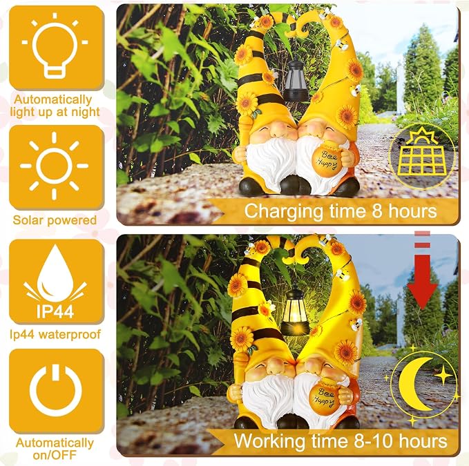 Kathfly Solar Bee Gnome Statue Gifts 11.8 Inches Garden Resin Sunflower Bee Gnome Statue with Solar Lights Double Cute Gnomes Statues for Birthday Gift Yard Patio Lawn Porch Decor