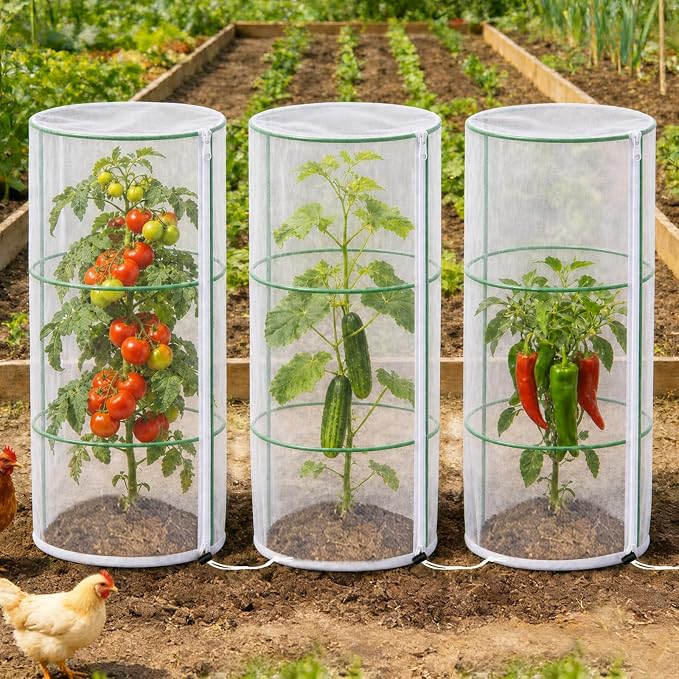 3 Pcs Garden Tomato Plant Cover Netting, Fits 15" x 55" Tall Round Tomato Cage, with Zipper & Drawstring, Garden Bird Netting for Vertical Climbing Vegetables and Fruits (No cage)