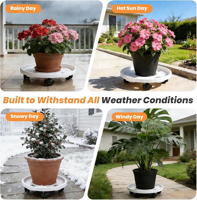 5-pack 14.2" Large Plant Caddy with Wheels Plastic Plant Dolly with Locking Caster Flower Pot Mover Rollers Wheeled Rolling Plant Stands Round Plant Saucer on Wheels Indoor Outdoor Base Coasters White