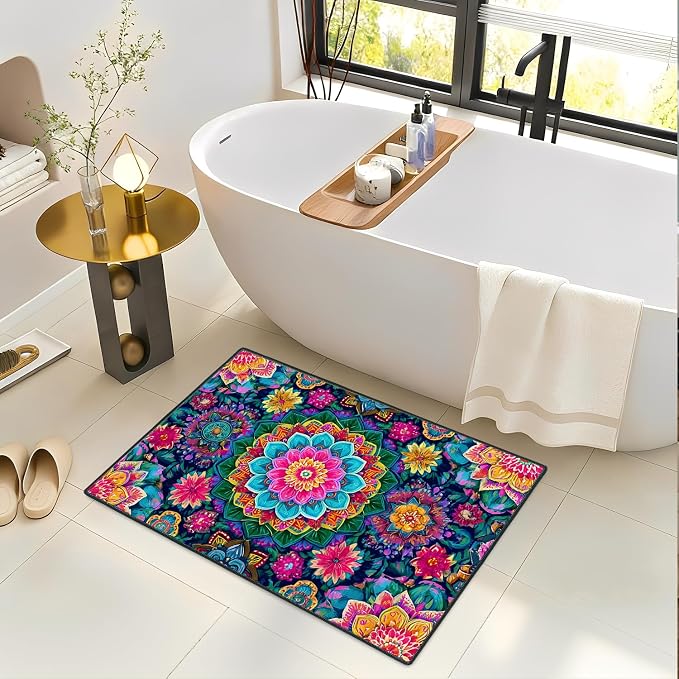 Vibrant Multicolor Mandala Floral 2x3 Entry Rug,Washable Small Rugs for Entryway Kitchen Bathroom Door Mat Indoor Entrance,Non Slip Rubber Backing,Stain & Fade Resistant,Boho Psychedelic Decor